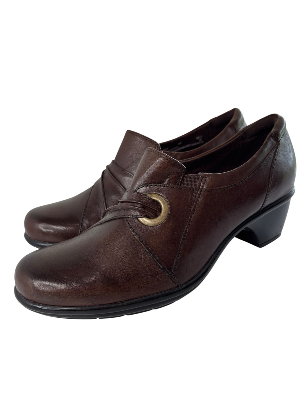 Clarks Bendables Wish Trance Loafer Bootie Heel Womens 8 W Brown Leather Slip On
